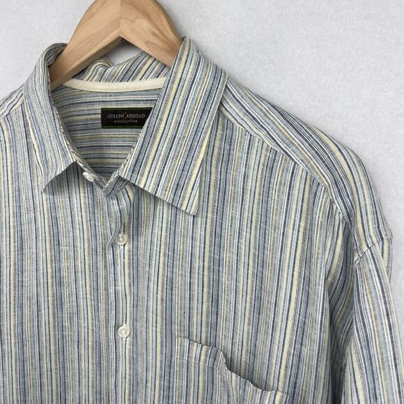 JOSEPH ABBOUD Shirt Mens XL Linen Collection Striped Button Up Woven Blue - Picture 7 of 16